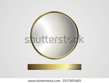 3D Render a round shaped mirror with a golden frame and a golden rack for cosmetics in a aesthetic interior