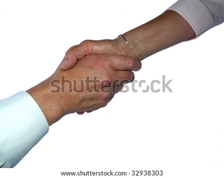 Businessman and woman shaking hands as a result of who-knows-what.
