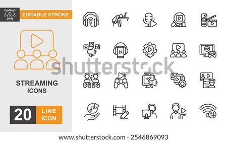 Streaming icon set. Video, player, application, button, film and more line icon. Editable stroke icon.