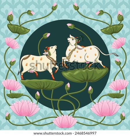 Indian traditional Rajasthani painting happy cows in Lotus pond