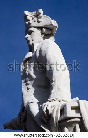 Close up of a stone statue of Captain Cook in Victoria Square, Christchurch New Zealand
