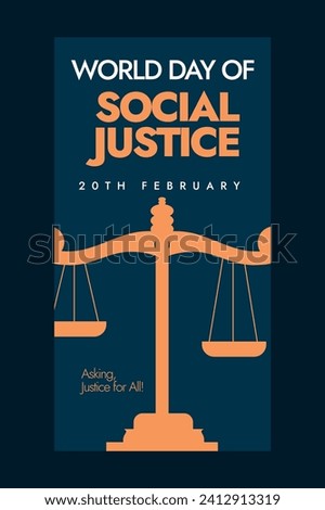 World day of Social Justice. World social justice day 20th February 2024, celebration banner in horizontal length.Justice day story post, card, banner, brochure with justice scales in dark blue colour