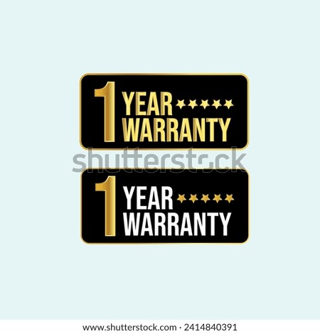 One year Warranty. Two different designs of 1 year warranty stamp, badge, label in golden and black colour with five star ratings on light cyan background. Warranty card, stamp, label design. 