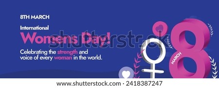 International Women's Day, 8th March Women's day celebration cover banner in dark purple colour with number 8 icon in pink colour and girl symbol in white colour. Invest in women: Accelerate progress.