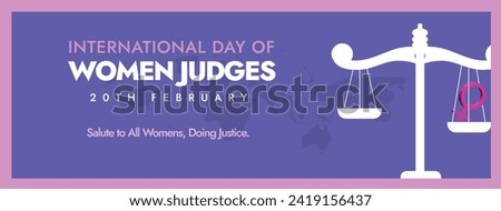 International day of Women Judges. 10 March, International day of Women judges cover banner in purple colour theme with silhouette world map, justice scale and women symbol on it. Concept cover banner