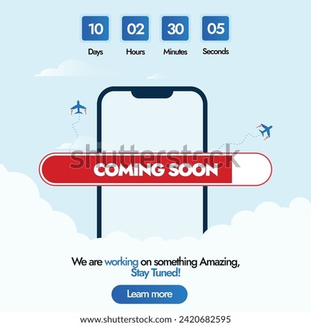 Coming soon. Coming soon announcement banner with mobile phone screen with coming soon written in a loading bar and a countdown counter with days, hours, minutes, seconds. Launching soon, card, banner