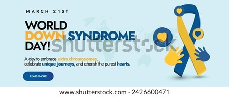 World Down Syndrome Day. 21 march  World Down Syndrome Day celebration cover banner with ribbon and handprints in yellow and blue colour. Down syndrome educational seminar, event, conference banner.
