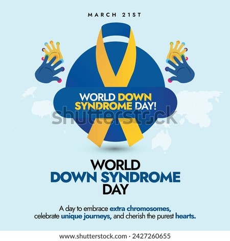 World down syndrome day. 21 march 2024, World Down Syndrome day awareness banner with ribbon and hand prints on yellow and blue colour theme. Down syndrome awareness and acceptance banner concept. 