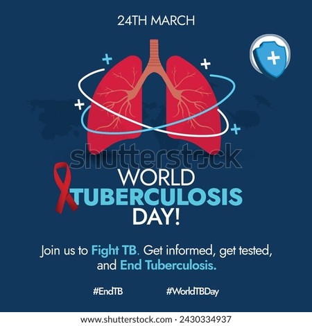 World Tuberculosis Day. 24th march World Tuberculosis Day awareness banner with silhouette world map, inside view of lungs, red ribbon, protection shield. Banner with hash tags End TB, World TB day. 