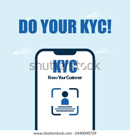 KYC awareness banner. Do your KYC  banner with mobile screen profile and identification icon on it to ensure the data security. Know your customer or client for the safety from any fraud. 