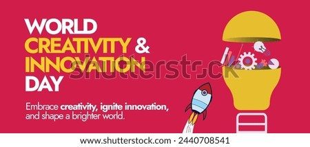 World Creativity and Innovation Day. 21st April World Creativity and innovation day cover banner in dark pink colour with a launching spaceship, bulb in half and icons of gear, book, chart in it. 