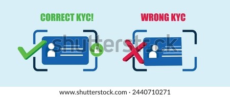 Correct KYC and Wrong KYC awareness banner to promote the importance of correct KYC verification. Know your customer for secure and protected working environment and to prevent fraud, risks. 