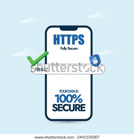 Secure HTTPS concept. Safe browsing and web surfing concept with mobile phone screen having search bar with Https written on it and padlock icon. SSL certificate to ensure data safety and security.