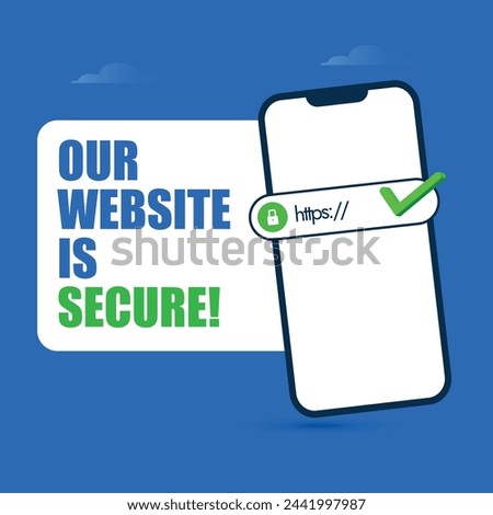 Secure HTTPS concept. Safe browsing and web surfing concept with mobile phone screen having search bar with Https written on it and padlock icon. Our website is secure.Website with SSL certificate. 