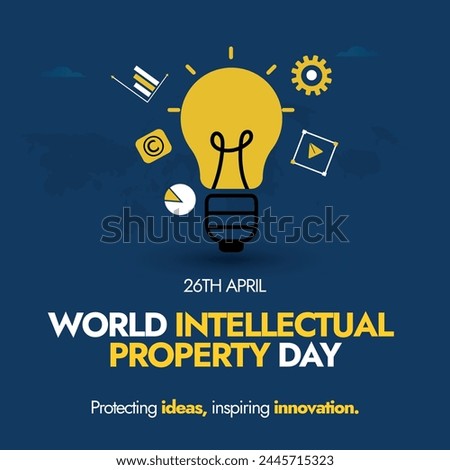 World Intellectual Property day.26th April World Intellectual property day awareness banner with light bulb and icons of gear, charts.Banner to promote the Building our common future with innovation.