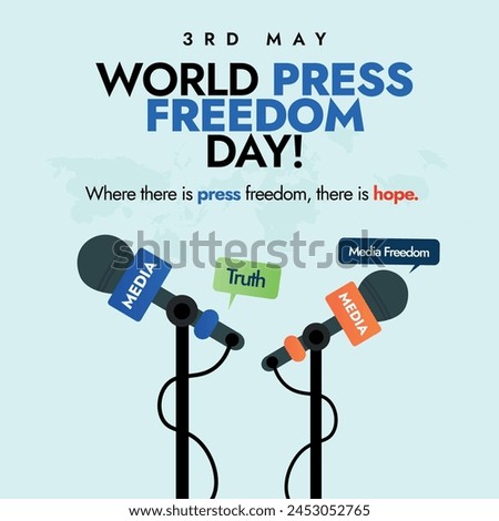 World Press Freedom Day. 3rd May World Press Freedom Day celebration, awareness banner, post with two microphones with stand. Conceptual banner for Freedom of the Press, journalism, speaking truth.