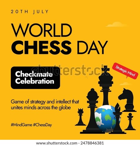 World Chess day 20th July celebration banner, post. Chess day banner with its pieces and earth globe. Chess has evolved over the centuries and will probably continue to keep changing with the times.