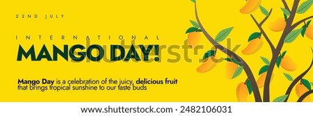 International Mango day. 22nd July International Mango day celebration cover banner with mango tree with lots of Mangoes on it. The day is to honour one of the world's most beloved and king of fruits.