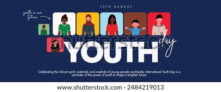 International Youth day. 28th August youth day celebration cover banner, post with young people portraits. The day is celebrated to bring youth issues to the attention of the international community.