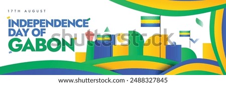 Gabon Independence Day background, cover banner, social media post. 17th August 1960 Gabon Independence day celebration banner with its flags, abstract art elements in flag colours, hand fists in air.