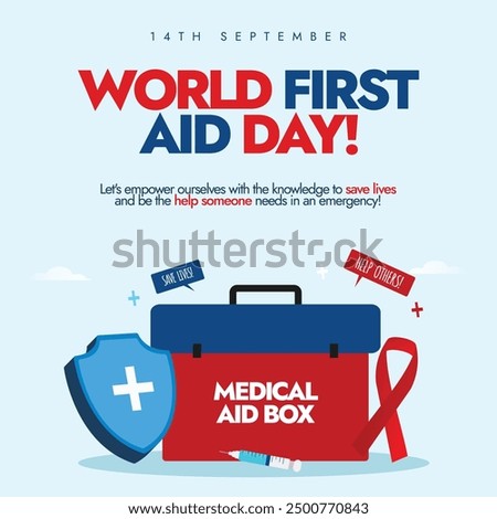 World First Aid Day. 14th Sept First Aid day banner with a medical box, protection shield, red ribbon. The day raise awareness about the importance of first aid, its role in saving lives in emergency.