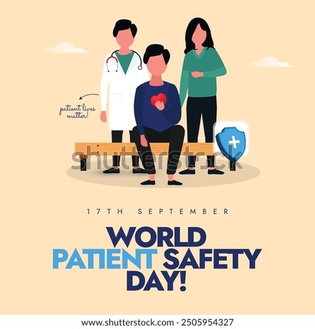 World Patient Safety day banner, social media post. 17th September Patient safety day banner with a doctor, nurser and sick person  characters. Theme for 2024 is Improving diagnosis for patient safety