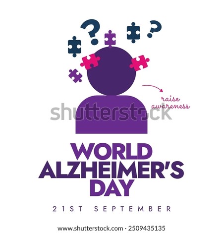 World Alzheimer's Day background, banner. Alzheimer's day awareness banner with purple silhouette of person icon, puzzle pieces, question mark.  The day raise awareness about Alzheimer's disease.