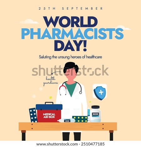 World Pharmacists day. 25th September Pharmacists day celebration banner with a young boy wearing a lab coat and medical equipments: medical box, syringes, vaccine bottle, pills placed on a table. 