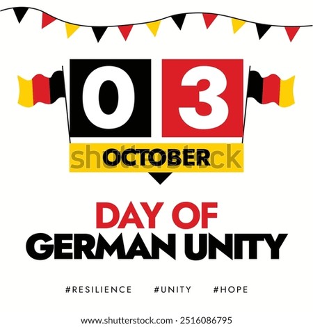 Day of Germany Unity. 3rd October German unity celebration banner with its flags, text written in its flags colours. The day commemorates German reunification in 1990. 34 years of reunification.