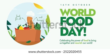 World Food Day. 16th October food day celebration banner, post with fruits and vegetables wearing chef hats in a carton box. The day promote global awareness, action for those who suffer from hunger.