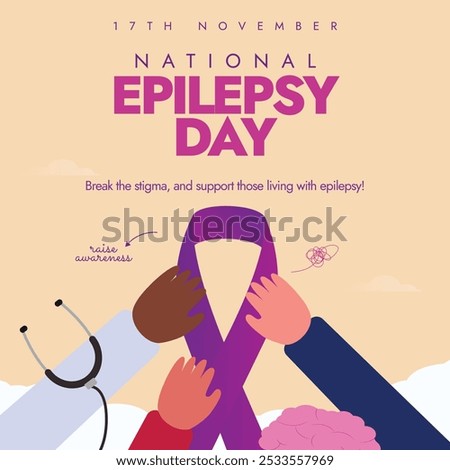 National Epilepsy Day. 17th November Epilepsy day awareness banner with different hands holding purple ribbon. Theme for 2024 is Share Your Purple Power. The month focuses on patients of disease.