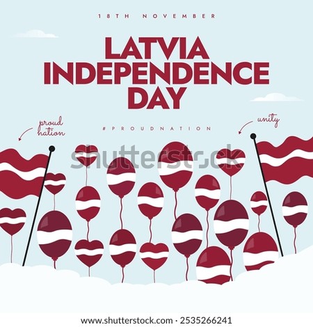 Latvia Independence day. 18th November Latvia Freedom day celebration banner with its flags, balloons in flag colours. The day recalls Proclamation of Independence of Latvia by the People's Council. 