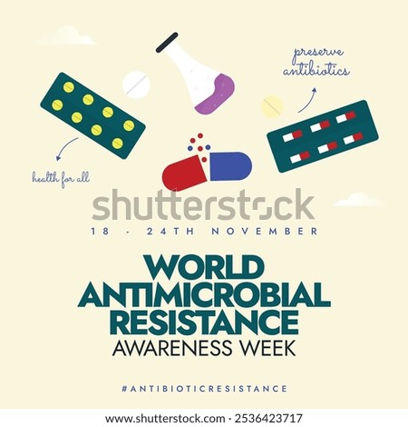 World Antimicrobial Resistance awareness week November.18-24th November antimicrobial week conceptual banner with medicine pills, capsule in two half, chemical flask with liquid. Week focus on health.