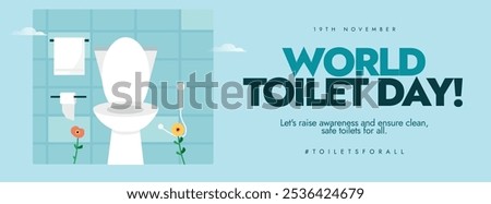 World Toilet day 19th November. Toilet day celebration cover banner with Toilet view, tissue paper, towel and water shower. Cover banner raising awareness about clean and safe toilets for all.