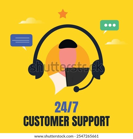 24-7 Customer support. Customer support available for 24 hours and seven days a week banner with a person, headphones. Our services available for twenty four hours and seven days a week banner, post. 