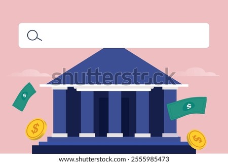 Search bar. Search tool on bank website banner with bank building in the background, dollar coins, bank notes. Web page template with search bar on it.   