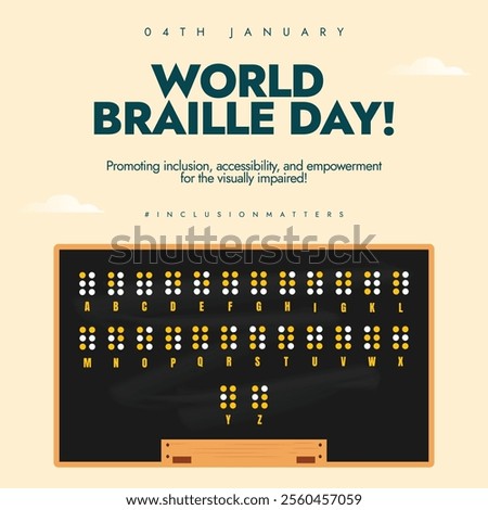 4th January Braille Day. World Braille Day social media post with black board and dots language. Social media post to raise awareness about education of people with disabilities.