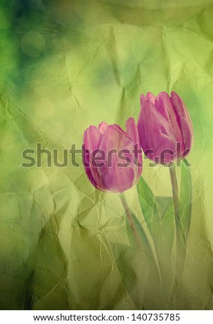 Tulip flowers on the green bokeh, floral vintage retro hipster background, paper texture