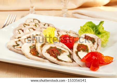 Rabbit roll on a dish in restaurant - cold appetizer