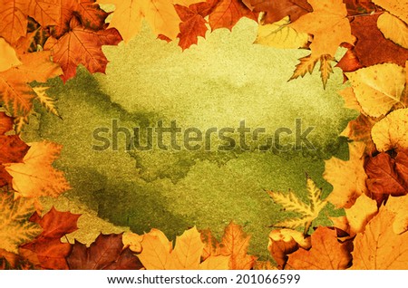 Retro frame from vivid colorful autumn leaves, natural seasonal background