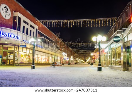 SODERHAMN, SWEDEN - 25.12.2014: View of the center of city with holiday illumination at Christmas night