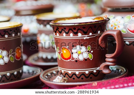 Cup with national ukrainian ornament at market in Lviv - culture capital of Ukraine