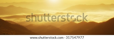 Carpathian mountains summer golden sunrise landscape with  foggy river - panoramic view