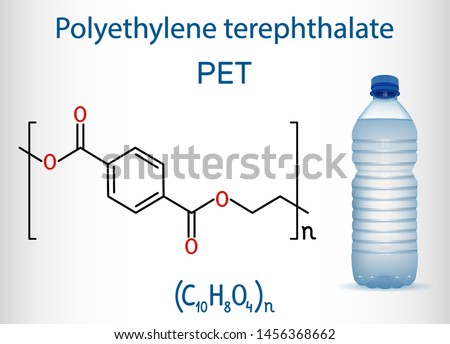 Polyethylene terephthalate or PET, PETE polyester, thermoplastic polymer molecule with plastic bottle. Structural chemical formula. Vector illustration