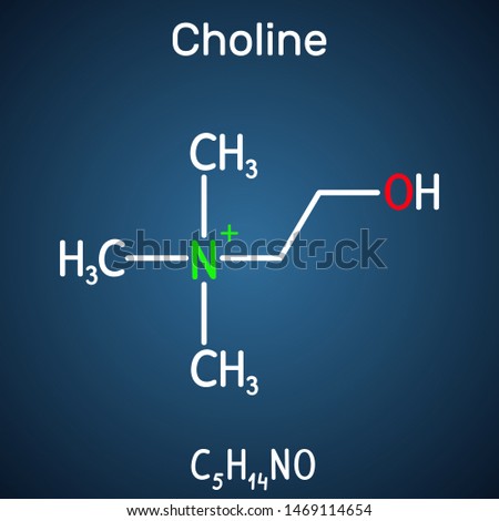Choline vitamin-like essential nutrien molecule. It is a constituent of lecithin. Structural chemical formula on the dark blue background. Vector illustration