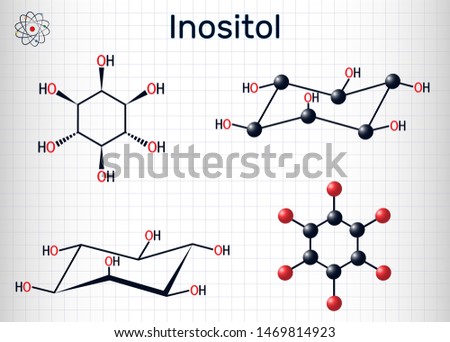 Inositol, myo-inositol,  vitamin-like essential nutrien molecule. Structural chemical formula and molecule model. Sheet of paper in a cage. Vector illustration

