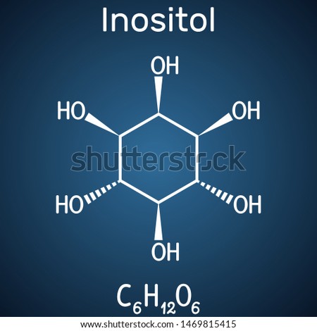 Inositol, myo-inositol,  vitamin-like essential nutrien molecule. Structural chemical formula on the dark blue background. Vector illustration