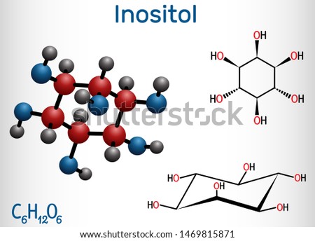 Inositol, myo-inositol,  vitamin-like essential nutrien molecule. Structural chemical formula and molecule model. Vector illustration