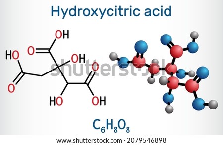 Hydroxycitric acid, HCA molecule. It is derivative of citric acid, is found in tropical plants Garcinia cambogia, Hibiscus sabdariffa. Structural chemical formula, molecule model. Vector illustration