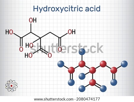 Hydroxycitric acid, HCA molecule. It is derivative of citric acid. Structural chemical formula, molecule model. Sheet of paper in a cage. Vector illustration